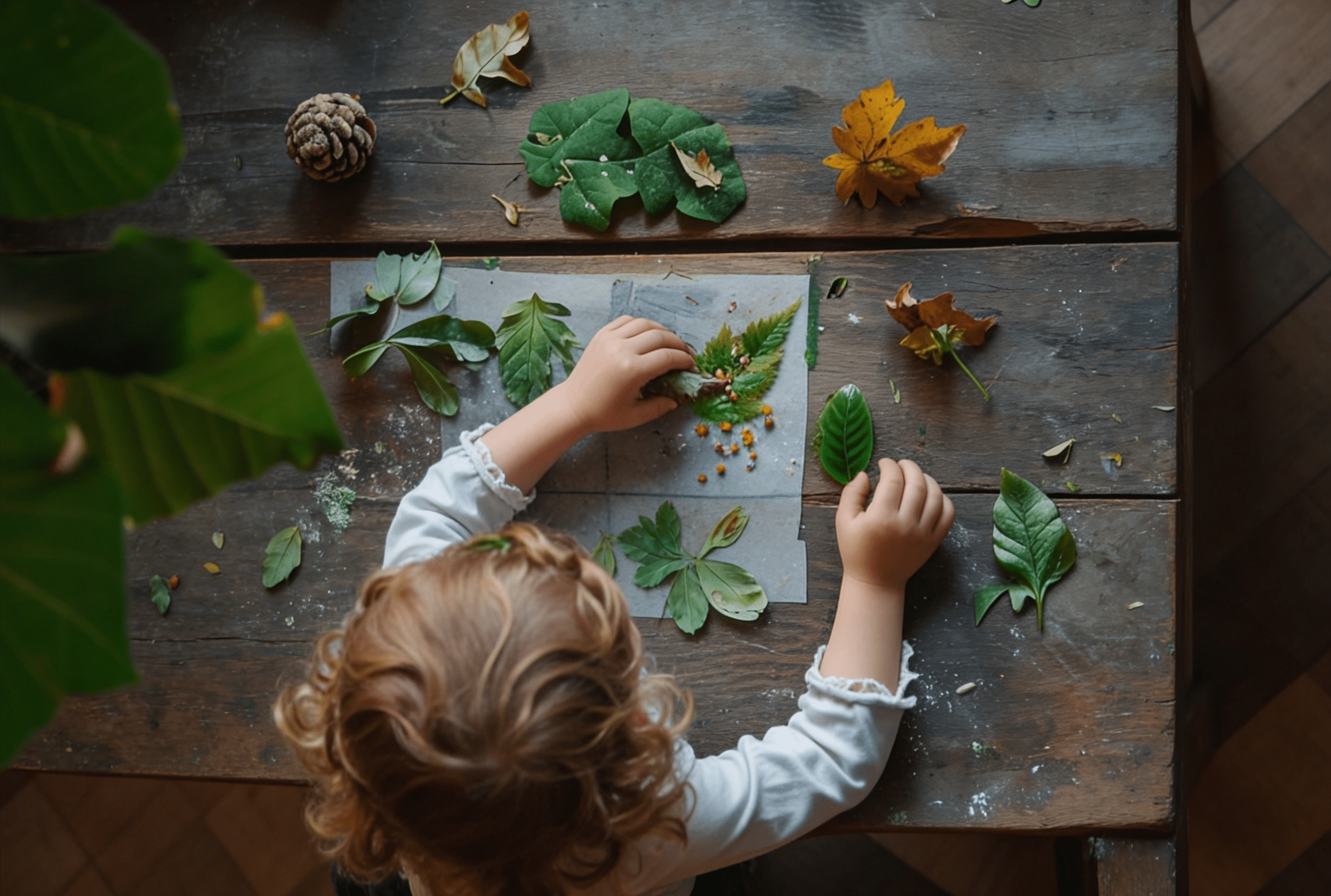 enfant qui joue avec des feuilles